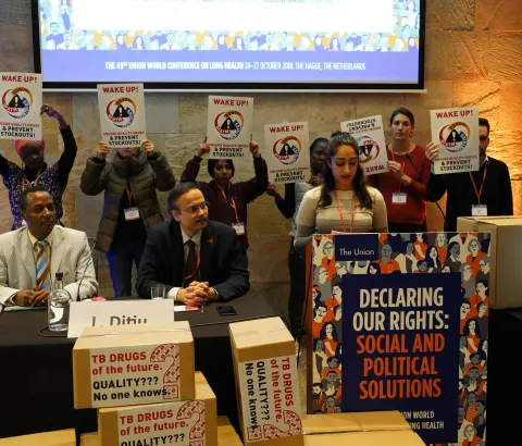 A coalition of civil society members and organisations, including MSF Access Campaign, carried out several advocacy related activities, including protests, at The 49th Union World Conference on Lung Health in The Hague, The Netherlands 24-27 October 2018.  Photos are from a protest on 24 October 2018 where activists brought attention to the drug procurement challenges countries face when they shift from Global Fund support to domestic procurement and co-financing issues.