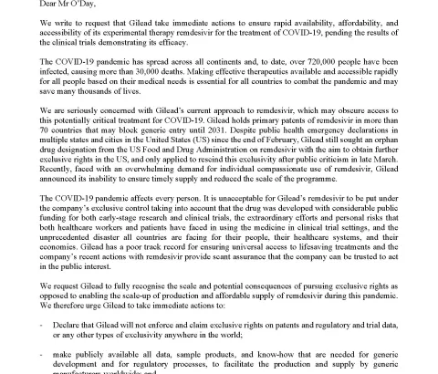 Open letter: Civil society urges Gilead to take immediate action to ensure access to potential COVID-19 treatment