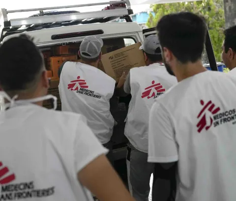 The MSF team prepare medical supplies to transport by motor boat to isolated communities in Delta Amacuro state, northeastern Venezuela.
