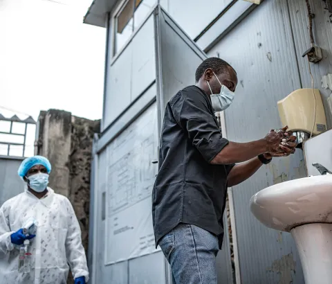 View of the entrance to the National Institute of Biomedical Research in Goma. Preventive measures have been put in place before entering this facility where samples from people suspected of having Ebola are tested.